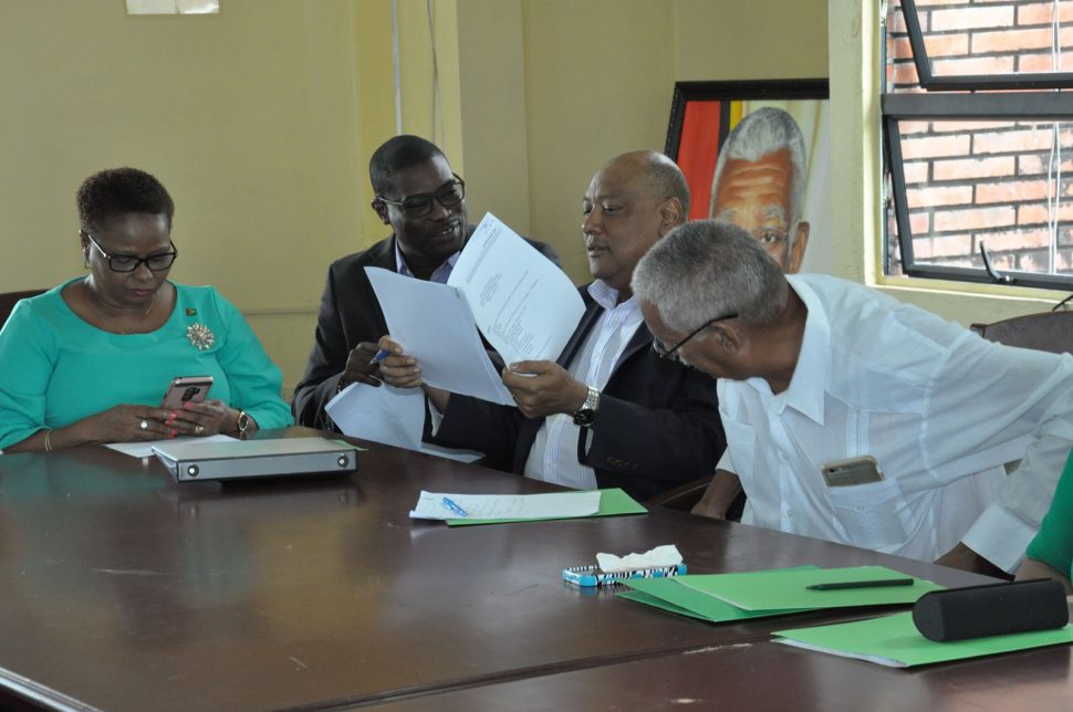 From left are PNCR Chairperson Volda Lawrence, Ministers David Patterson and Raphael Trotman of the AFC, and Dr. Mark Kirton, at the launch of the APNU+AFC coalition campaign committee. (APNU photo)