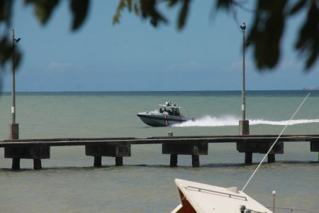 Trinidad & Tobago Coast Guard fast patrol vessel returns after patrolling the Gulf of Paria.