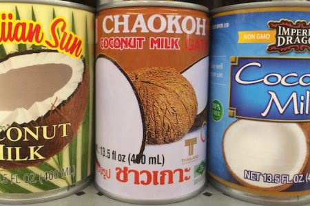 Some of the many brands of canned coconut milk manufactured and sold globally.
