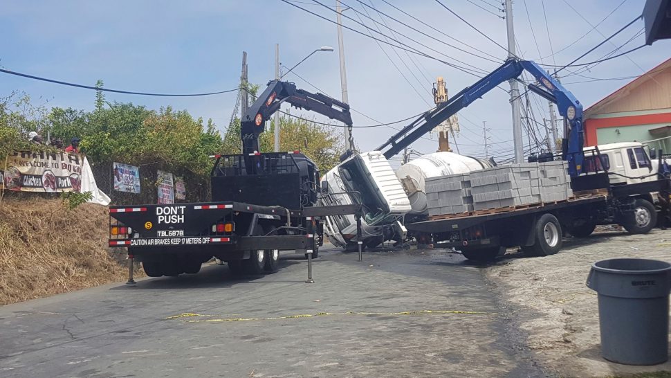  The cement truck which was involved in the accident on the Windward Road in Hope, Tobago, yesterday.