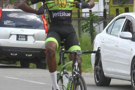 Berbician, Romello Crawford drew first blood in this year’s Burnham Memorial Three-Stage Road Race yesterday, winning the first leg in front of his hometown fans that lined the streets. (Orlando Charles photo)