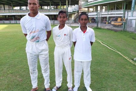 (l-r) Outstanding performers! Omari Lallbachan (26 not out), Nicholas Sewpersaud (5-27) and Sachin Balgobin (5-13) were the standouts when West Demerara and East Coast clashed in the final round of the Demerara Cricket Board’s U15 Inter-Association tournament yesterday.
