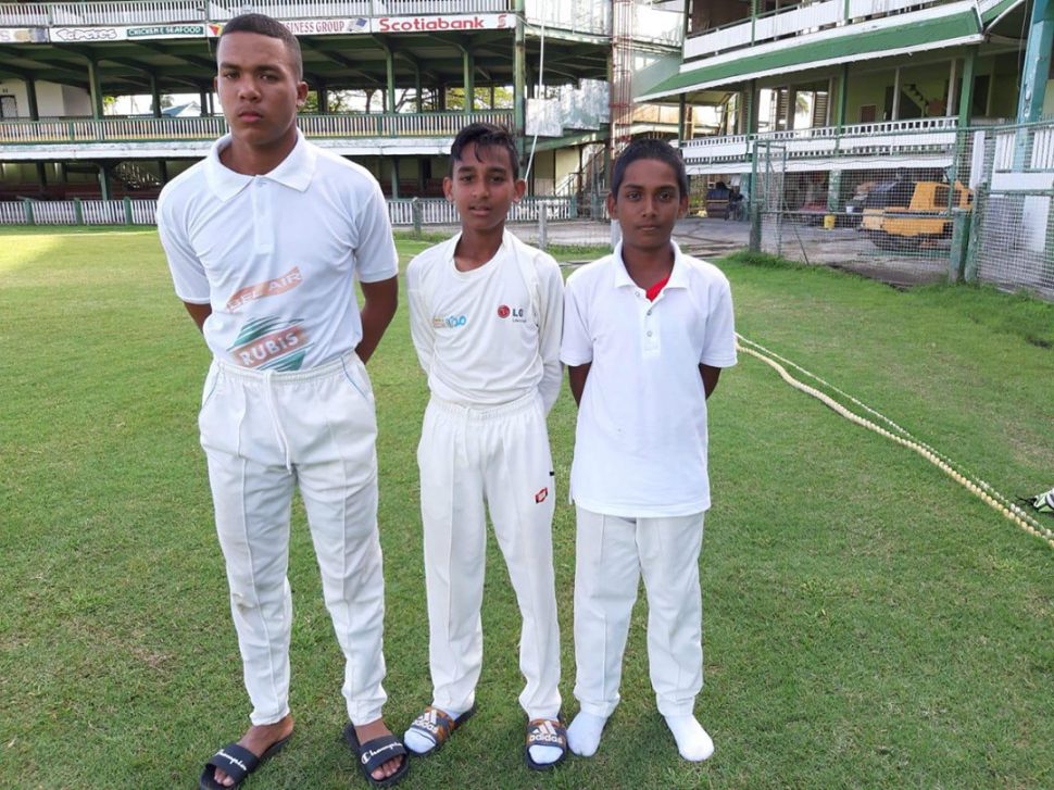 (l-r) Outstanding performers! Omari Lallbachan (26 not out), Nicholas Sewpersaud (5-27) and Sachin Balgobin (5-13) were the standouts when West Demerara and East Coast clashed in the final round of the Demerara Cricket Board’s U15 Inter-Association tournament yesterday.
