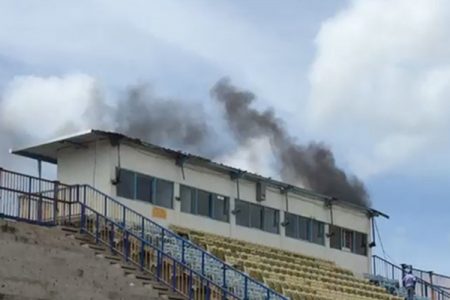 The VIP stand at the National Stadium on fire