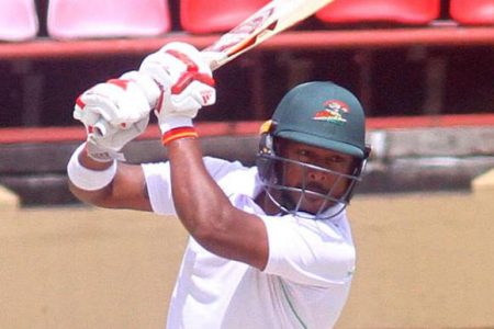 Opener Chandrapaul Hemraj played an attacking innings of 42 as the Guyana Jaguars romped to an easy seven wicket triumph of the Jamaica Scorpions at the Providence National Stadium yesterday. (Orlando Charles photo)

