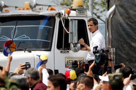 Self-proclaimed Venezuelan President Juan Guaido with one of the convoys. 