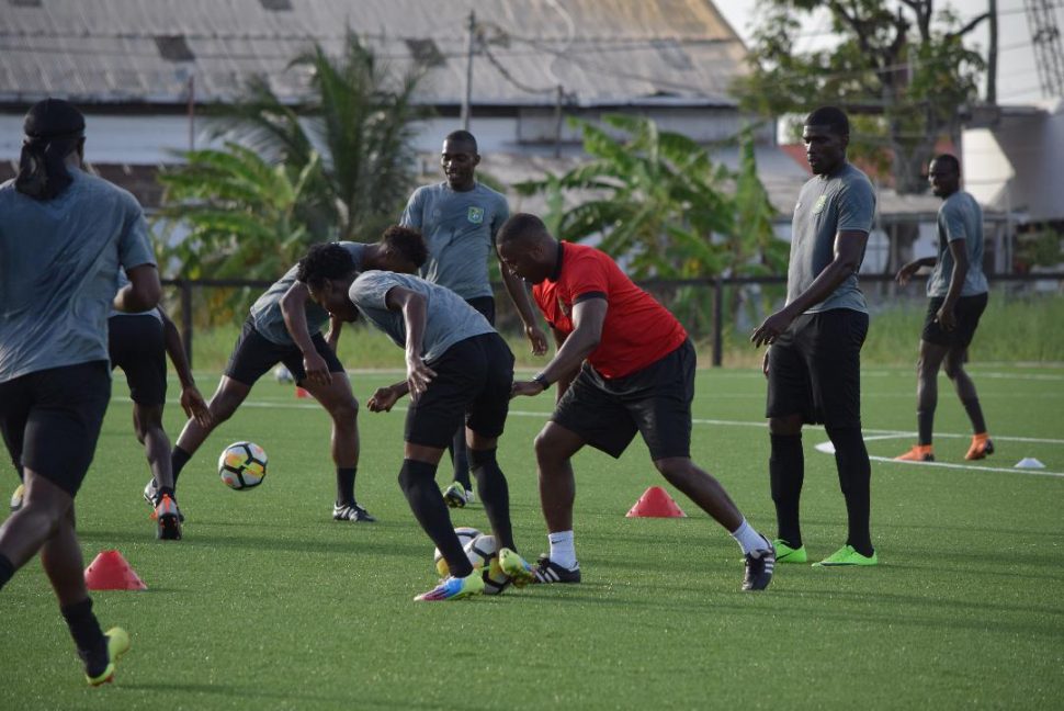 Members of the Golden Jaguars local contingent being put through their paces at the National Training Centre, Providence under the watchful eye of Head-Coach Michael Johnson ahead of their CONCACAF Nations League clash with Belize next month.
