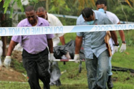 Undertakers and police officers remove the body of Nigel Charles from his garden at Coalmine, Sangre Grande, on Friday.