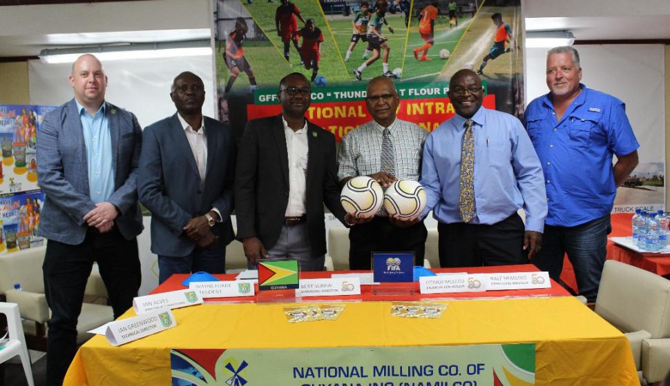 Members of the launch party for the 2nd season of the Thunderbolt Flour Power National Under-17 Intra-Association tournament yesterday. Amongst the members in the picture from left to right are GFF Technical Director Ian Greenwood, GFF Director of Competitions Ian Alves, GFF President Wayne Forde, NAMILCO Managing Director Bert Sukhai and NAMILCO Financial Controller Fitzroy McLeod
