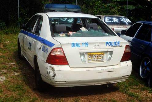 The police service vehicle which was damaged by reisdents in Spalding, yesterday. (Photo: Carl Levy) 