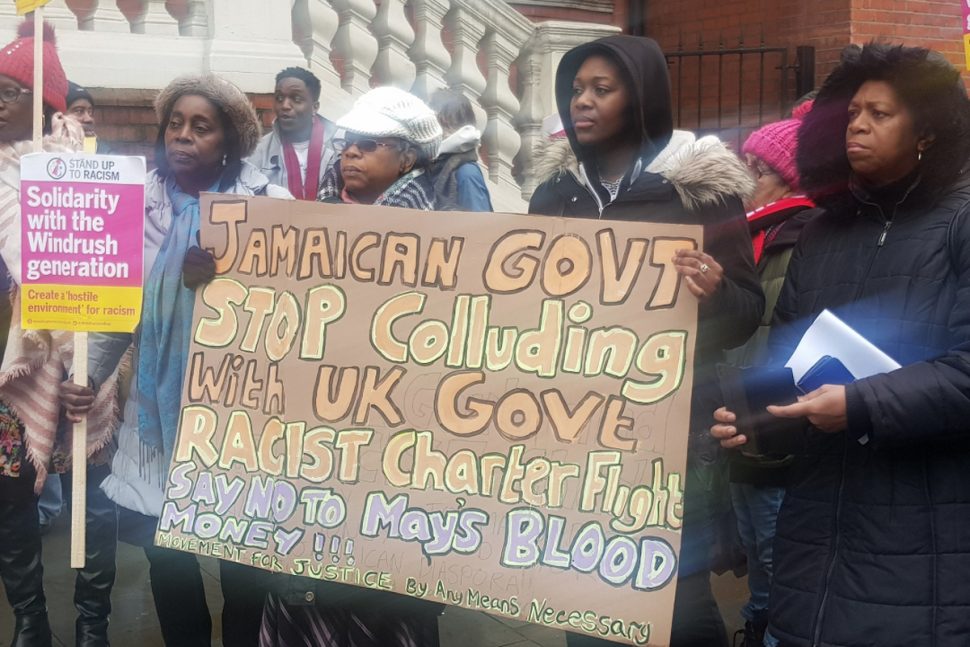IN PHOTO: A demonstration outside the Jamaican High Commission in London against the impending deportation of 50 people from the UK - via Twitter @Marcwads