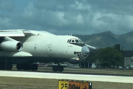 A picture of the Russian cargo plane IIyuhsin arriving at the Piarco International Airport on Thursday. A US Air Force plane also arrived on the same day but has since left.