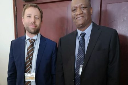 Minister of State, Joseph Harmon (right) with  Eirik Brum Sorlie, Special Envoy for Climate and Forest, Norwegian Embassy in Brasilia, Brazil. (Ministry of the Presidency photo)