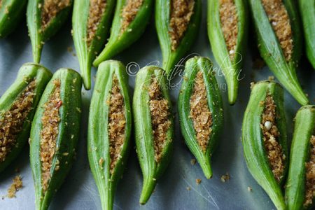 Okra stuffed with spiced coconut ready for cooking (Photo by Cynthia Nelson)