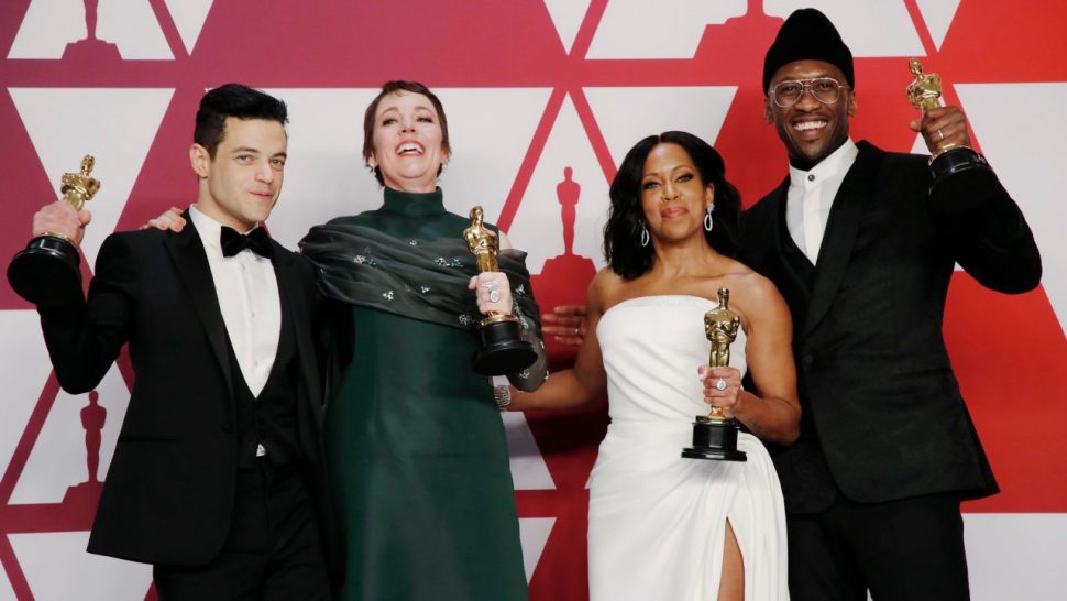 Best Actor Rami Malek, Best Actress Olivia Colman, Best Supporting Actress Regina King and Best Supporting Actor Mahershala Ali pose with their awards backstage. (Image: Reuters)