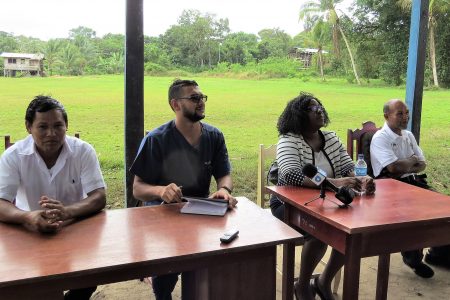 From left are Sean Thompson, Community Health Worker, Hobodeia Health Post; Dr Vishal Ramjas, Regional Health Officer (ag); Minister within the Minister of Public Health Dr Karen Cummings and Sylvestor Antonio, the village Toshao.  (Ministry of Public Health photo)