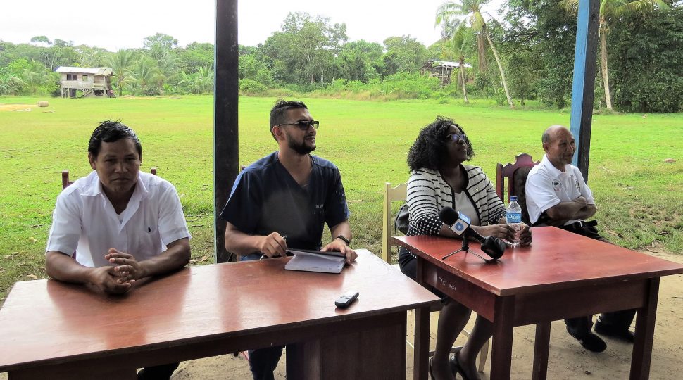 From left are Sean Thompson, Community Health Worker, Hobodeia Health Post; Dr Vishal Ramjas, Regional Health Officer (ag); Minister within the Minister of Public Health Dr Karen Cummings and Sylvestor Antonio, the village Toshao.  (Ministry of Public Health photo)