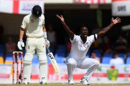 Fast bowler Kemar Roach appeals for a decision against England opener Joe Denly on the third day of the second Test yesterday.
