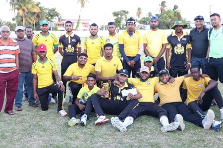 The West Demerara Cricket Association T20 champions Zeeburg along with organisers, officials and sponsors (Romario Samaroo photo).