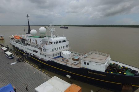 The cruise ship MV Serenissima docked at the Guyana National Shipping Corporation wharf in Georgetown yesterday after its arrival for a three-day stop. (Department of Public Information photo)