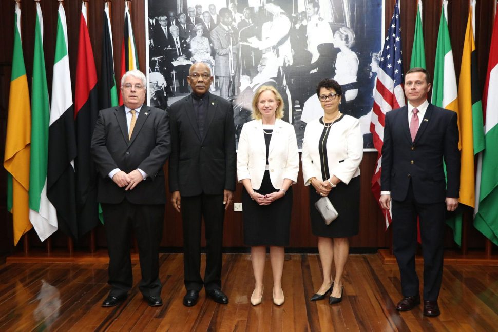 From left to right are Dr Kevin Healy, President David Granger, newly accredited US Ambassador to Guyana Sarah-Ann Lynch, Director-General in the Ministry of Foreign Affairs, Audrey Waddell and Deputy Chief of Mission, Terry Steers-Gonzalez. (Department of Public Information photo)
