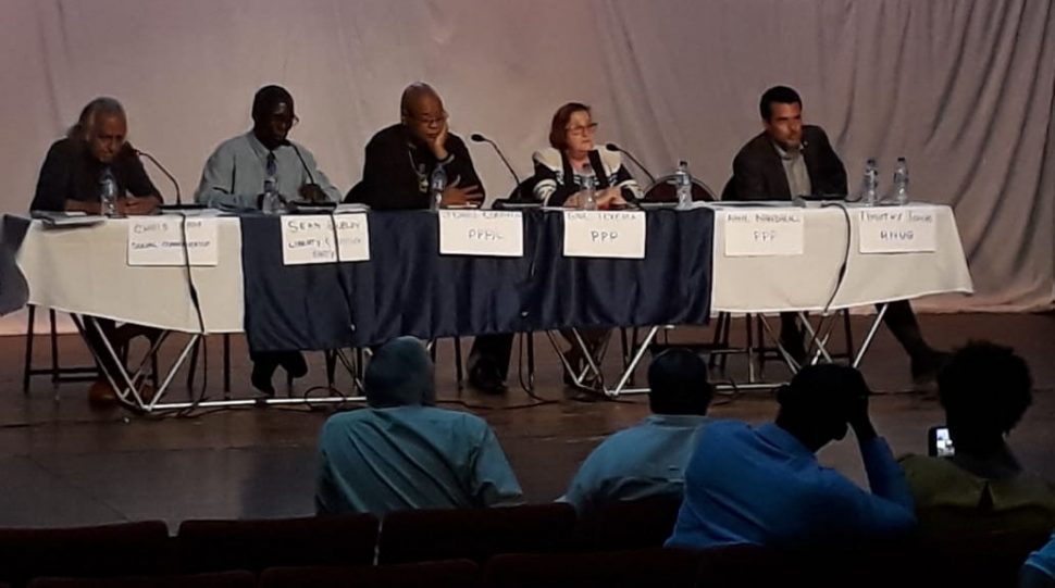 From left to right are Christopher Ram, Sean Dublin, Juan Edghill, Gail Teixeira and Timothy Jonas, who answered questions on Guyana’s current political situation during a town hall meeting organised by RISE Guyana Inc. Though invited, no representative of the APNU+AFC coalition government showed up. (Zoisa Fraser photo)
