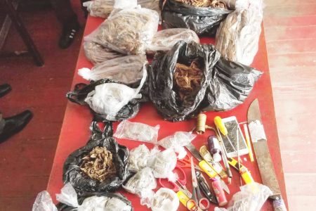 A quantity of narcotics and paraphernalia seized yesterday after a three-hour cordon and search operation by the Guyana Police Force (GPF) at the Stabroek Market and its environs 