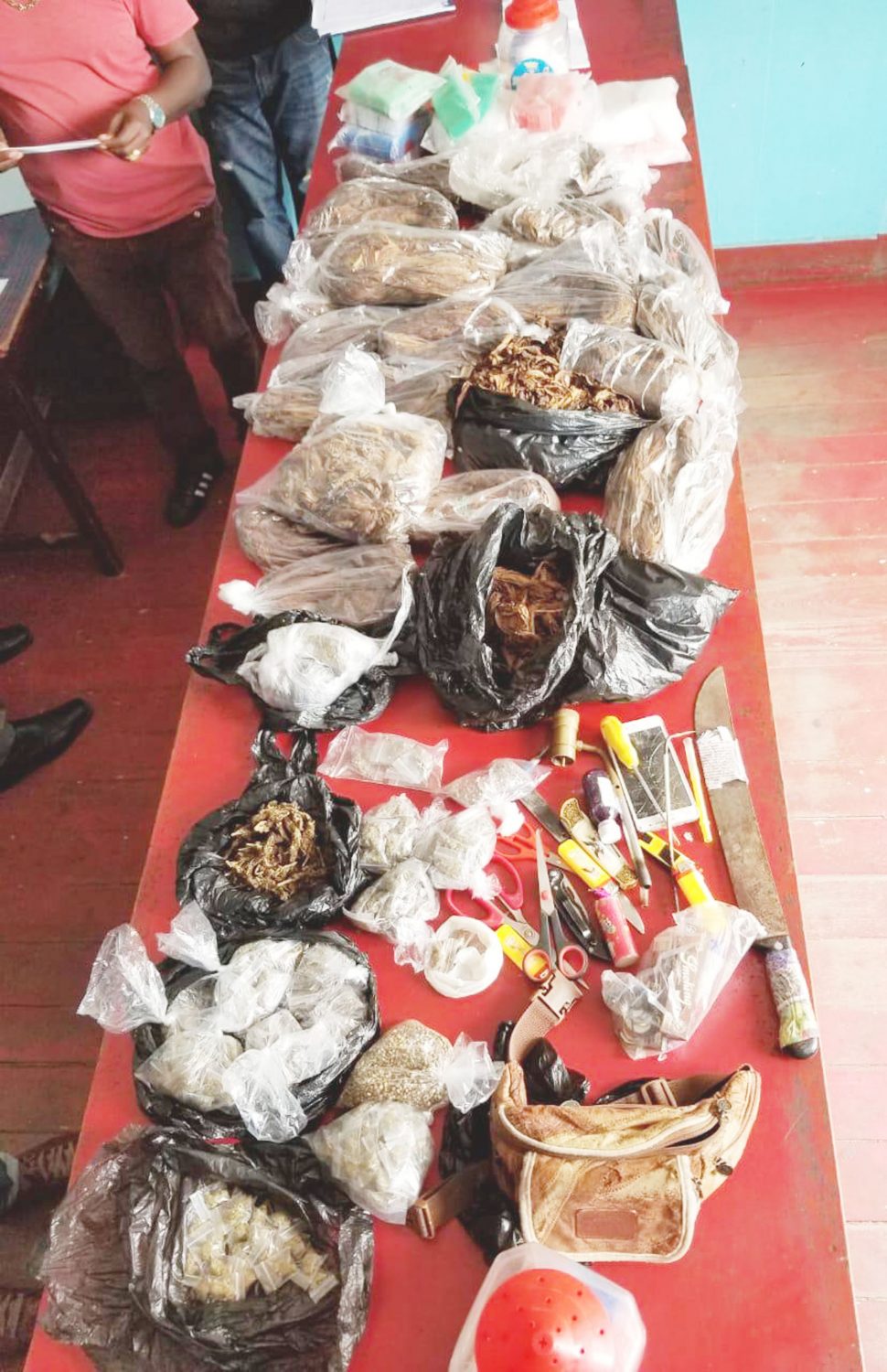 A quantity of narcotics and paraphernalia seized yesterday after a three-hour cordon and search operation by the Guyana Police Force (GPF) at the Stabroek Market and its environs 