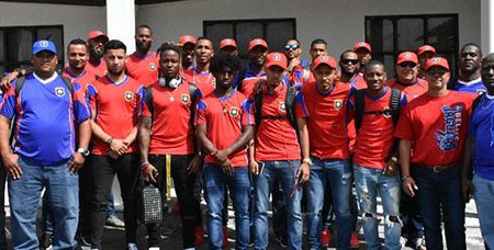 The Belize team following their arrival at the CJIA ahead of their CONCACAF Nations League clash at the National Track and Field Centre, Leonora Saturday.