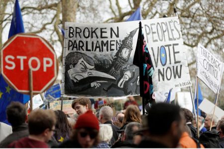 EU supporters, calling on the government to give Britons a vote on the final Brexit deal, participate in the ‘People’s Vote’ march in central London yesterday. REUTERS/Henry Nicholls