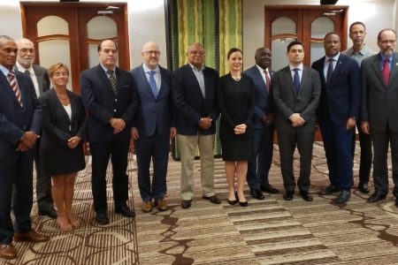CARICOM foreign ministers and representatives of Juan Guaido’s team. CARICOM Secretary-General Irwin LaRocque is at right.  (CARICOM photo)

