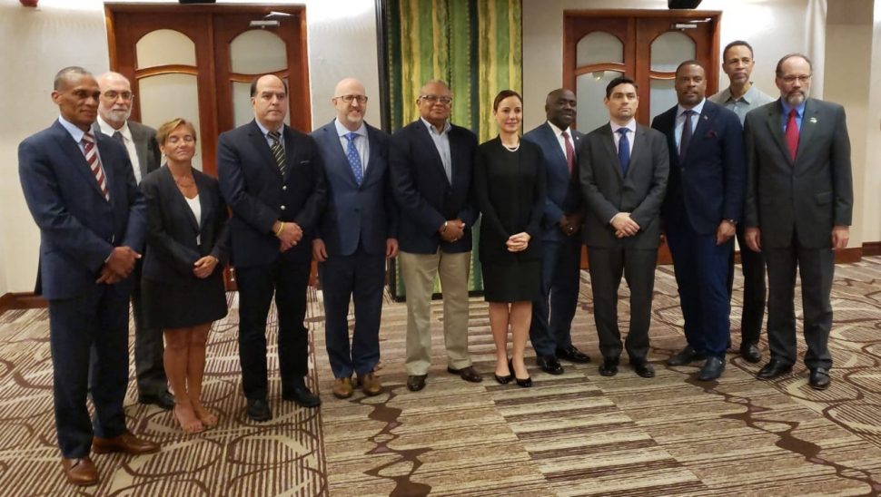 CARICOM foreign ministers and representatives of Juan Guaido’s team. CARICOM Secretary-General Irwin LaRocque is at right.  (CARICOM photo)
