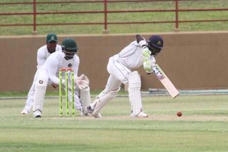 Jonathan Carter pushes through the on side but missed out on a half century after he was dismissed by Veerasammy Permaul for 47 (Orlando Charles photo) 