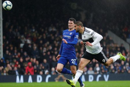 Fulham’s Aleksandar Mitrovic heads at goal REUTERS/Eddie Keogh
