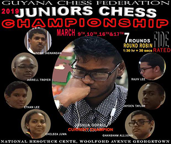 This poster depicts the seven qualifiers for the National Junior Chess Championship and the current national junior champion. The contenders for the national title will meet shortly in a Championship Tournament. 