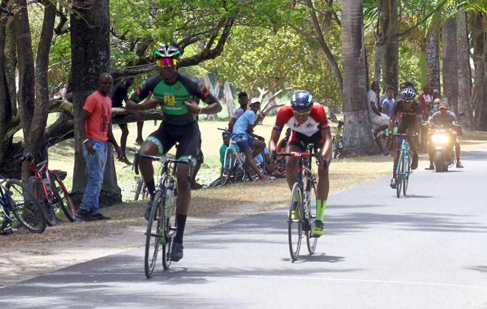 I am the man! Must be the words of Romello Crawford after he crossed the finish line yesterday, once again besting a field of Guyana’s premier wheelsmen. (Orlando Charles photo)