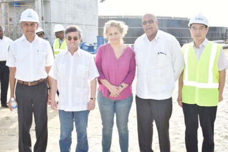 From left to right are Minister of Communities,  Ronald Bulkan; IDB President Luis Alberto Moreno; IDB Country Representative Sophie Makonnen; GWI Managing Director  Dr. Richard Van West-Charles and Sinohydro Project Manager Yang Dechen.