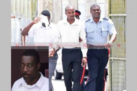 Jamal Beckles (face hidden and inset) and Kenroy Brathwaite on their way to court to face charges of impersonating police officers.