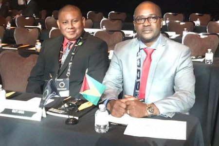 Guyana’s representatives at the 34th CONCACAF Ordinary Congress in Las Vegas, Nevada, USA, Wayne Forde, right and Ryan Faria.
