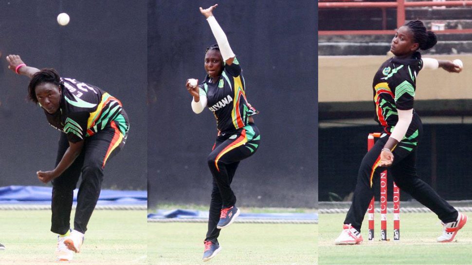Triple threat! Guyana’s Erva Giddings (3-11), Plaffina Millington (3-15) and Sheneta Grimmond (3-20) had Leeward Islands on their toes (Orlando Charles photo)
