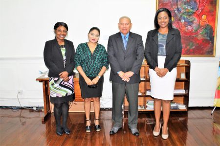 Minister of Social Cohesion, Culture, Youth and Sport, Dr. George Norton (second from right) with (from left)   Permanent Secretary, Melissa Tucker;  Founder of HEAL Guyana, Sharon Laljee-Richard and Technical Officer of the Department of Social Cohesion, Olive Gopaul.