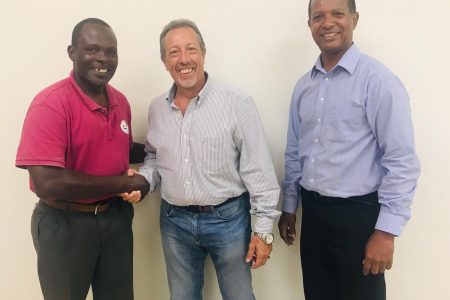 Assistant Secretary/Treasurer of the Guyana Olympic Association Dion Nurse, Professor Oscar Gadea and AAG President Aubrey Hutson shared a light moment yesterday.
