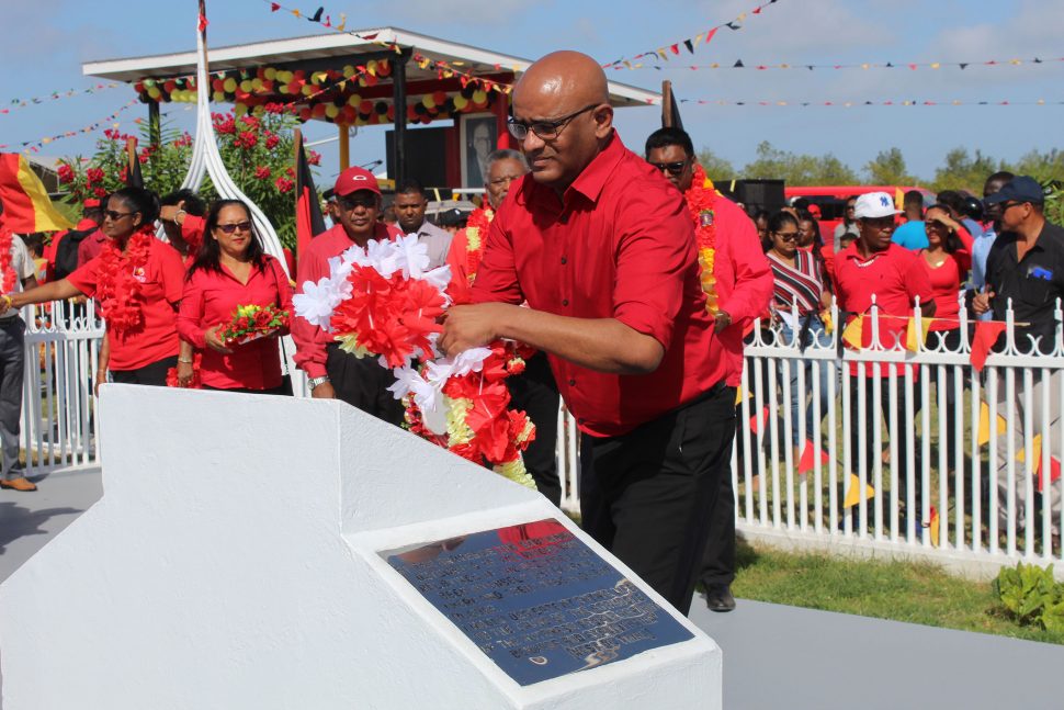 Opposition Leader Bharrat Jagdeo laying a wreath at Babu John on Sunday
