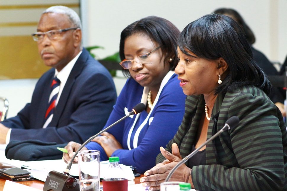 Acting Chief Labour Relations Officer of the Labour and Small Enterprise Development Ministry, Sabina Gomez, right, answers questions during the joint select committee on Human Rights and Diversity’s inquiry into sexual harassment in the workplace, yesterday. At left is Employers Consultative Association Chairman Keston Nancoo. Labour and Small Enterprise Development Ministry Deputy Permanent secretary Kevar Williams is at centre.