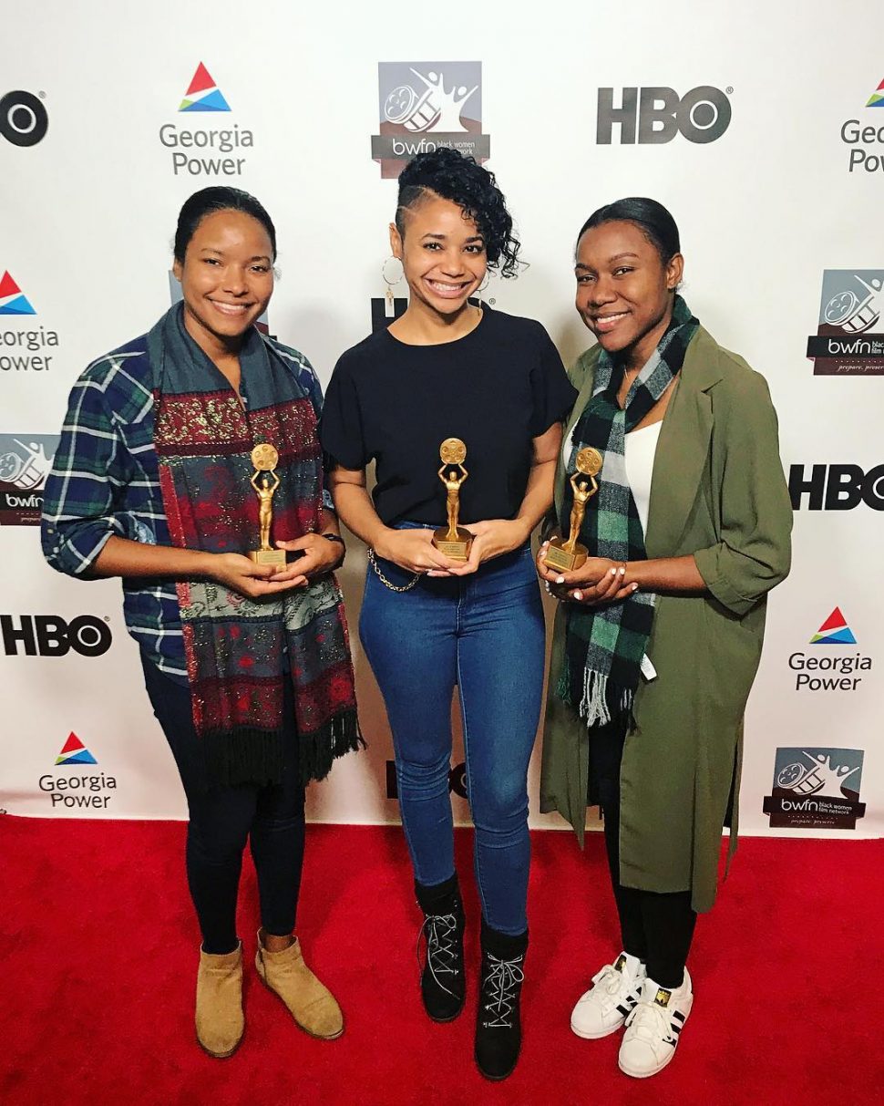 Kia Moses (centre)shares the moment with cinematographer Gabrielle Blackwood (left) and producer Tashara Johnson at the Black Women Film Network Summit in Atlanta