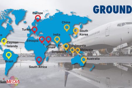 A global map depicting several countries where the Boeing 737 Max 8 has been grounded following the crash of an Ethiopian Airlines plane that killed 157 people on Sunday.