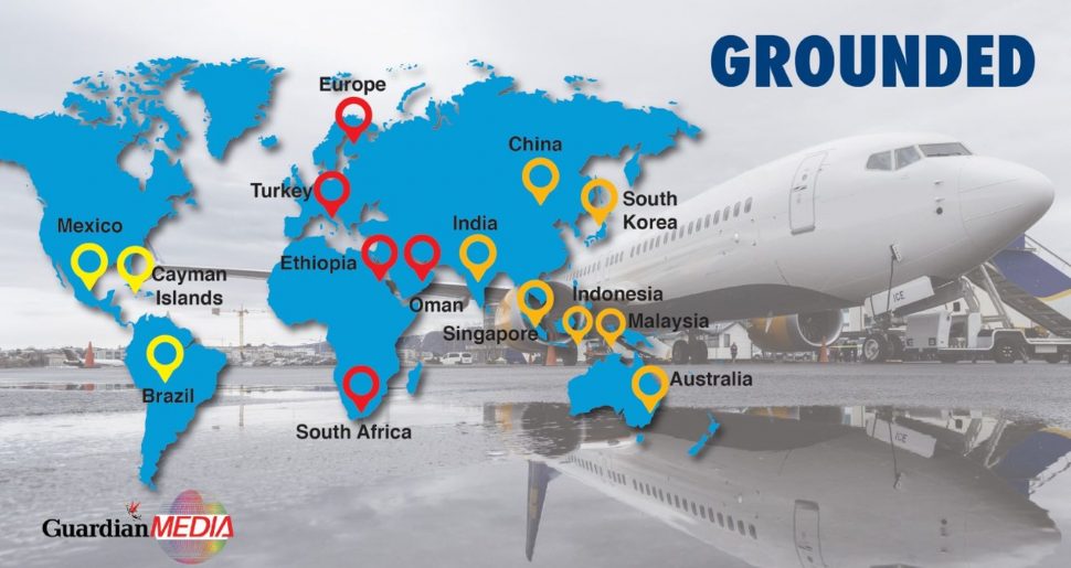 A global map depicting several countries where the Boeing 737 Max 8 has been grounded following the crash of an Ethiopian Airlines plane that killed 157 people on Sunday.