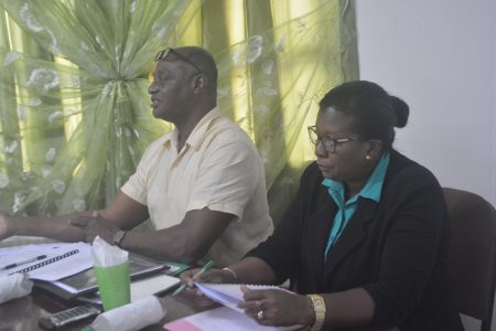 Regional Executive Officer, Orrin Gordon making his point in the presence of his Deputy Regional Executive Officer Maylene Stephen. (Region Ten photo)
