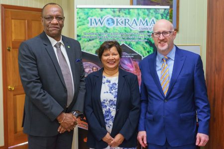 From left are Minister of State, Joseph Harmon; Canadian High Commissioner to Guyana, Lilian Chatterjee and Assistant Deputy Minister of the Americas in the Canadian Ministry of Global Affairs,  Michael Grant. (Ministry of the Presidency photo)
