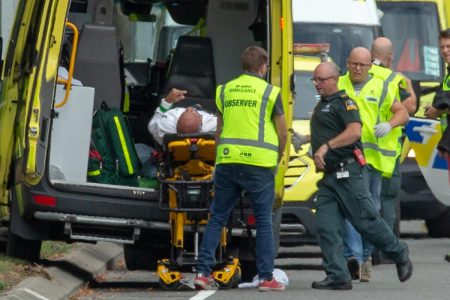 An injured person is loaded into an ambulance following a shooting at the Al Noor mosque in Christchurch, New Zealand, March 15, 2019. REUTERS/SNPA/Martin Hunter